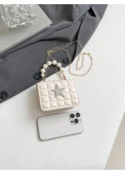 1 قطعة حقيبة مسائية مربعة ذات نجمة خماسية من اللؤلؤ وشبكة الماس، بتصميم فريد مزود بسلسلة كتف، مريحة وقابلة للا