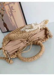 حقيبة كتف واحد رسمية عصرية قابلة للسحب من أعلى، قطعة واحدة، زخرفة فراشة مضفورة، حقيبة قش للفتاة بطراز شاطئي