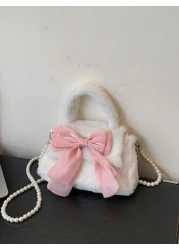 1 Pc Cute Mini Kids Pink Big Bow Soft Plush Handbag Fall Winter Pearl Shoulder Strap Crossbody Bag Lightweight Square Bags For Girls Students For Festivals Vacation Holiday Fashion Accessory