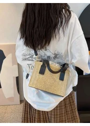 حقيبة كتف من القش المنسوج للفتيات، حقيبة كاجوال مربعة صغيرة بسيطة وعصرية