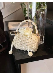 1قطعة حقيبة يد بخيط خرزي لطيفة للبنات بغلق سحاب، حقيبة كروس بخرز أبيض، مناسبة للربيع/الصيف