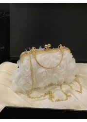 1pc Sweet Handbag Clip Opening And Closing Chiffon Three Dimensional Flower Evening Bag Champagne Color Ladies Cheongsam Bag Handmade Dress Bag Chain Decoration Bag Handbag Exquisite And Versatile Sui