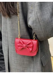 1pc Flap Closure Pu Korean Version Ins Little Girl Bag Fashion Solid Color Cute Bow Sweet Flap Princess Mini Bag Accessories Small Bag Coin Purse Suitable For All Occasions Faux Pearl Handbag Small Sq