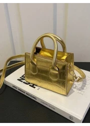 حقيبة كتف/حقيبة عبر الجسم أنيقة وعصرية بتصميم أنيق، ذات موحد اللون، لامع، قوام قماش الإبط مع سلسلة ، بطبعة تمس