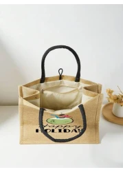 1 Pc Simple Linen Summer Element Print Tote Bag For Big Children Large Capacity Travel Bag Square Bag Gift Bag Shopping Bag Portable Button Closure Handbag For Daily Class And Back To School Shopping