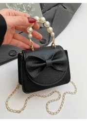1 Piece Pu Magnet Closure Fashion Sweet Lychee Pattern Faux Pearl Bow Handbag Niche Design Highly Attractive Chain Mini Shoulder Crossbody Change Lipstick Bag Suitable For Teenagers Travel Shopping Pa