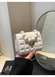 1pc Cute Sweet Messenger Bag Korean Style Fashion Coin Purse Solid Color Casual Pu Texture Small Square Bag Handbag Pearl Handle Chain Shoulder Strap Lock Buckle Fashion Chain Messenger Bag Fashion Pr