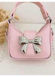 قطعة واحدة حقيبة يد صغيرة جديدة مزينة بفيونكة من مواد البولي يوريثان للبنات، مع حزام معدني قابل للتبديل للحمل