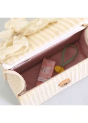 Straw Crossbody Bag Portable Faux Pearl Beaded Lace Bow Decor Handbag Ideal Gift Choice