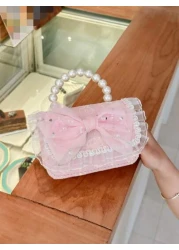 1 Pc Mini Fashion Shiny Young Children Pearl Handbag Chain Crossbody Bag Flip Bag Samll Square Bag Kawaii Princess Bag Toddler Coin Purse Cute Candy Storage Bag Portable Light Sweet Big Lace Bow Sequi