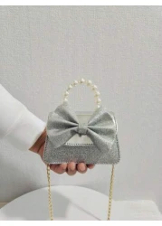 حقيبة يد لأطفال عصرية باللؤلؤ الجديدة، هدية للأطفال في المهرجان، جلد بو بشكل عقدة عقدة الفراشة فاشن ميني حقيب