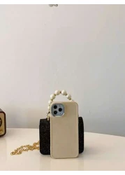 حقيبة يد صغيرة معدنية بسلسة لؤلؤية، حقيبة كتف صغيرة للأطفال، حقيبة صغيرة مربعة