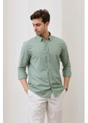 RAVANELLI Sarte - قميص رجالي كاكي بقصة ضيقة وأزرار وياقة من الكتان ومظهر قطني 100%