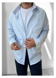 King Brothers قميص رجالي قطني مخطط باللون الأزرق بأكمام طويلة - مع جيوب