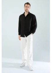 YXC قميص رجالي بقصة رشات كتان أسود