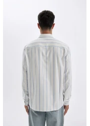 Defacto Oxford Polo Neck Stripe Shirt - Regular Fit, Long Sleeve, Button, Cotton D3500Ax24Au