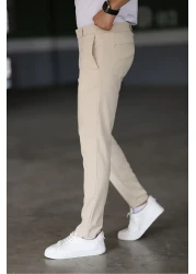 Bürke Men's Cream Color Italian Cut Quality Flexible Lycra Ankle Length Fabric Trousers