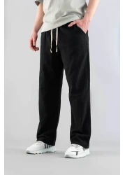 bombe بنطال رجالي أسود مريح بقصة ضيقة من الكتان بحزام من القماش الناعم