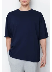  Collection تي شيرت أزرق داكن كبير الحجم برقبة دائرية 100% قطن - TMNSS22TS0318