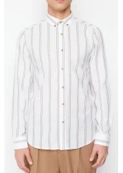  Collection Beige Slim Fit Buttoned Collar Thin Striped Shirt