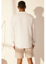  Collection Premium White 100% Linen - Prevailing Neckline Half Placket Shirt Tmnss24Go00057