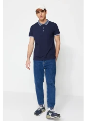  Collection Navy Blue Slim/Narrow Cut 100% Cotton Polo Neck T-Shirt Tmnss22Po00014