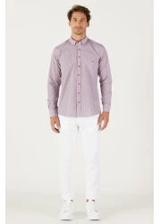 AC&Co / Altınyıldız Classics قميص رجالي مخطط بقصة ضيقة باللون الأزرق الداكن والأحمر وياقة بأزرار وياقة بأزرار وشعار قطن وجيب