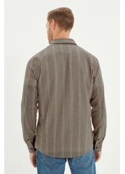  Collection Beige Slim Fit Button Collar Thin Striped Shirt Tmnss20Go0092