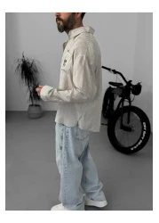 BYBASICMAN Beige Striped Pocket Embroidered Shirt G-5612/1