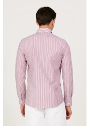 AC&Co / Altınyıldız Classics Men's White-burgundy Slim Fit Slim Fit Button Collar Cotton Striped Shirt