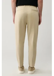 Avva Men's Beige Relaxed Fit Cotton Blend Classic Waist Trousers A41Y3037