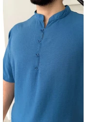 Livio Ferri قميص Soro رجالي كبير الحجم ذو مظهر كتان وأكمام قصيرة وياقة نصف فتحة