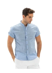 Eliş Şile Bezi قميص رجالي صيفي قصير الأكمام من القطن سلوب بودروم أزرق فاتح 3074