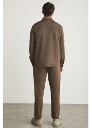 GRIMELANGE Walsh Men's Pique Look Special Fabric Flexible Double Leg Corded Beige Trousers with Elastic Waist