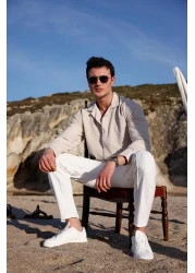 Pobudo Men's Beige Color Knitted Ottoman Fabric Long Sleeve Shirt