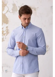 RAVANELLI Giza Men's Striped Slim Fit Shirt - Blue-White, Linen Look Cotton, Buttoned Collar