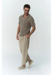 MAİ COLLECTİON Kenway Men's Beige Trousers with Lace Detail
