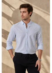 RAVANELLI Men's Striped Cotton Linen Modern Slim Fit Shirt