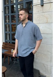 Livio Ferri Soro Men's Oversize Linen Look Short Sleeve Court Collar Half Placket Shirt