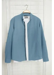  Collection Blue Slim Fit Cotton Shirt with Epaulettes - TMNSS20GO0189