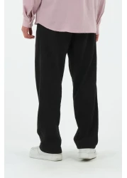 RELAXL بنطلون أسود فضفاض من القماش Şile مصنوع من القطن بنسبة 100% وواسع الساق ومطوي