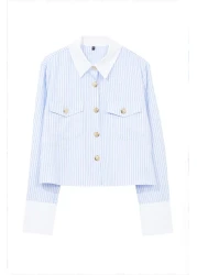  Collection قميص أزرق مخطط بأزرار معدنية - تصميم الياقة والأكمام، مقاس عادي TWOAW25GO00023