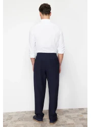  Collection Navy Blue Linen Look Elastic Waist Tied Trousers - Tmnss20Pl0547