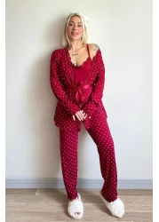 Pijamaevi Claret Red Mini Point Patterned Bamboo Dressing Gown Women's Pajamas Set