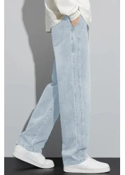 THE RULE Men's Light Blue Baggy Elastic Waist Lycra Straight Leg Loose Fitting Stretchy Jean Denim Jeans Pants Rf0484