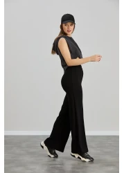 Alos Women's Black Modal Wide Leg Striped High Waist Soft Textured Lycra Trousers with Elastic Waist