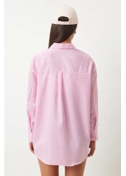 Happiness İstanbul Pink and White Embroidered Heart Striped Oversize Women's Shirt - DX00016