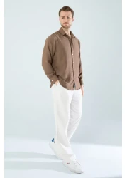 YXC Trend Maker Seasonal Linen Textured Long Sleeve Oversize Men's Shirt (Product Is Wide Fit) Dark Brown