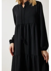 Happiness İstanbul Women's Black V-Neck Long Ayrobin Dress DD01315