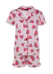  Collection Watermelon Print Pink Cotton Ruffled Shorts Pajamas Set - Thmss21Pt0670